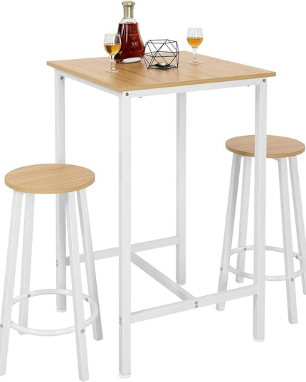 Finnhomy Bar Table Set, 23.6" Pub Table High Top Table, Square Bar Height Table, Bar Table with Stools, Kitchen Table Set for 2, Industrial Breakfast for Kitchen, Living Room, Oak Beige and White - LeafyLoom