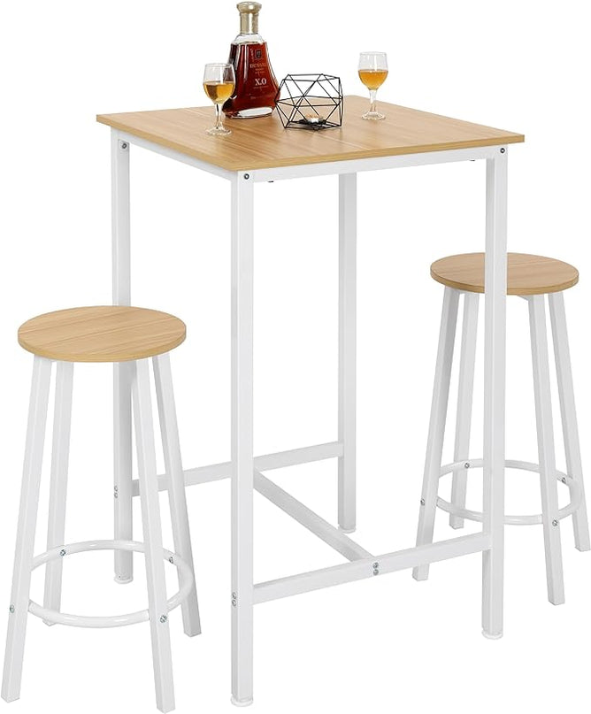 Finnhomy Bar Table Set, 23.6" Pub Table High Top Table, Square Bar Height Table, Bar Table with Stools, Kitchen Table Set for 2, Industrial Breakfast for Kitchen, Living Room, Oak Beige and White - LeafyLoom