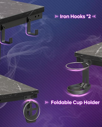 Bestier Small Gaming Desk with Monitor Stand, 42 inch LED Computer Desk, Gamer Workstation with Cup Holder & Headset Hooks, Modern Simple Style Desk for Home Office, Black Marble - LeafyLoom