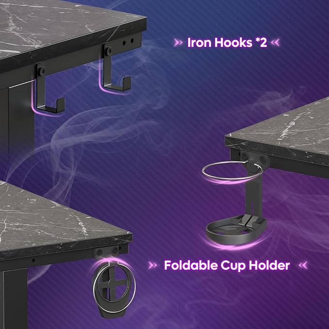Bestier Small Gaming Desk with Monitor Stand, 42 inch LED Computer Desk, Gamer Workstation with Cup Holder & Headset Hooks, Modern Simple Style Desk for Home Office, Black Marble - LeafyLoom