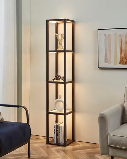 FENLO Fantasy 66" Luxury Glass Display Shelf with Dimmable LED Floor Lamps, Sturdy Glass Shelves for Bedroom, Curio Cabinet with Glass Bookshelf, Floor Lamp with Shelves - Brown - LeafyLoom