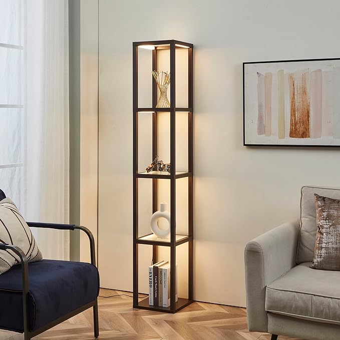 FENLO Fantasy 66" Luxury Glass Display Shelf with Dimmable LED Floor Lamps, Sturdy Glass Shelves for Bedroom, Curio Cabinet with Glass Bookshelf, Floor Lamp with Shelves - Brown - LeafyLoom