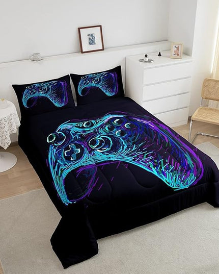 Gamer Comforter Set for Boys Teens Blue and Black Gaming Bedding Set Video Game Bedding Home Decor for Kids Comforter King Size 3 Pieces Gamepad Quilted Duvet Set 1 Comforter with 2 Pillowcases - LeafyLoom