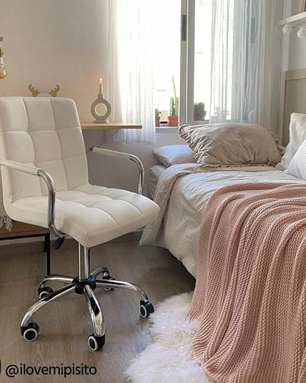 Yaheetech White Desk Chairs with Wheels/Armrests Modern PU Leather Office Chair Midback Adjustable Home Computer Executive Chair 360° Swivel - LeafyLoom