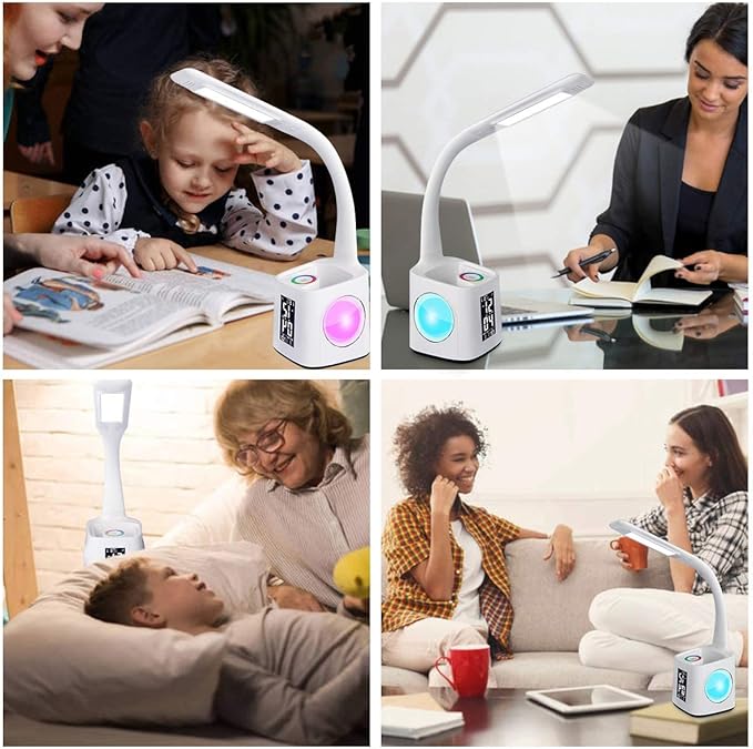 Study LED Desk Lamp with USB Charging Port, Kids Dimmable LED Table Lamp with Clock and Pen Holder, Home Office, College Student Dormitory, Reading Eye Protection Desk Lamp, Color Night Light,10W - LeafyLoom