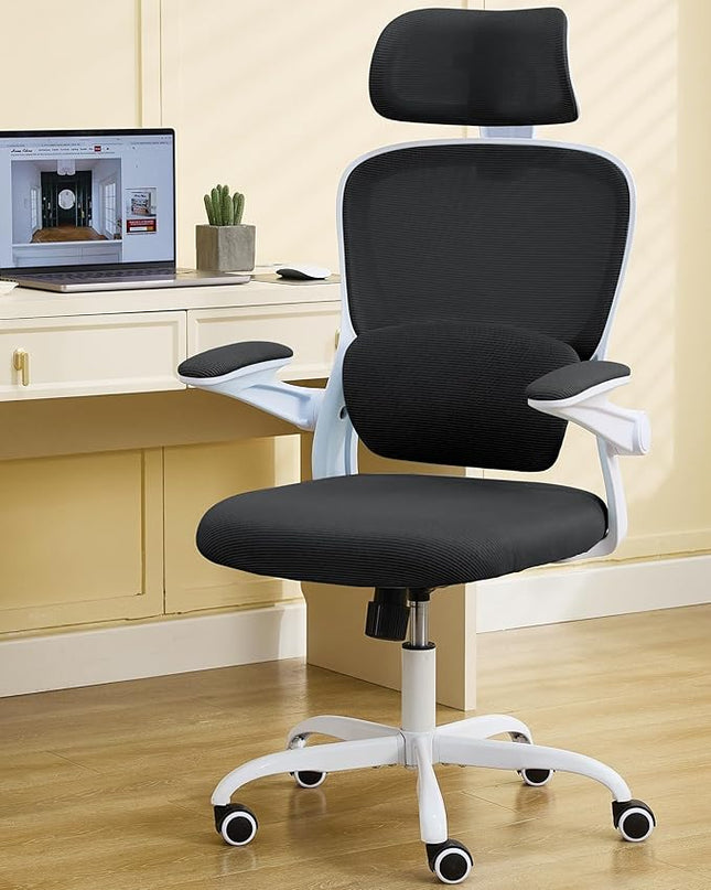 Ergonomic Office Chair with Tilt-Lock, Home Office Desk Chair with Auto Lumbar Support, High Back Mesh Desk Chair with Adjustable Headrest, Swivel Task Chair or Study Bedroom,Black and White - LeafyLoom
