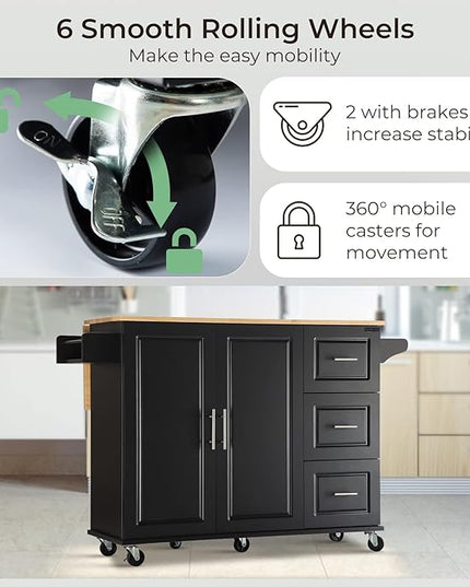 54" Large Kitchen Island Cart with Drop Leaf, Kitchen Island with Storage, Rolling Kitchen Island with Inside Cabinet, 3 Drawers, Spice Rack, Towel Rack and Wood Tabletop(Black) - LeafyLoom