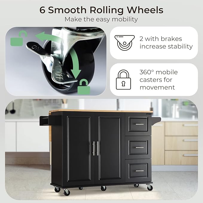 54" Large Kitchen Island Cart with Drop Leaf, Kitchen Island with Storage, Rolling Kitchen Island with Inside Cabinet, 3 Drawers, Spice Rack, Towel Rack and Wood Tabletop(Black) - LeafyLoom