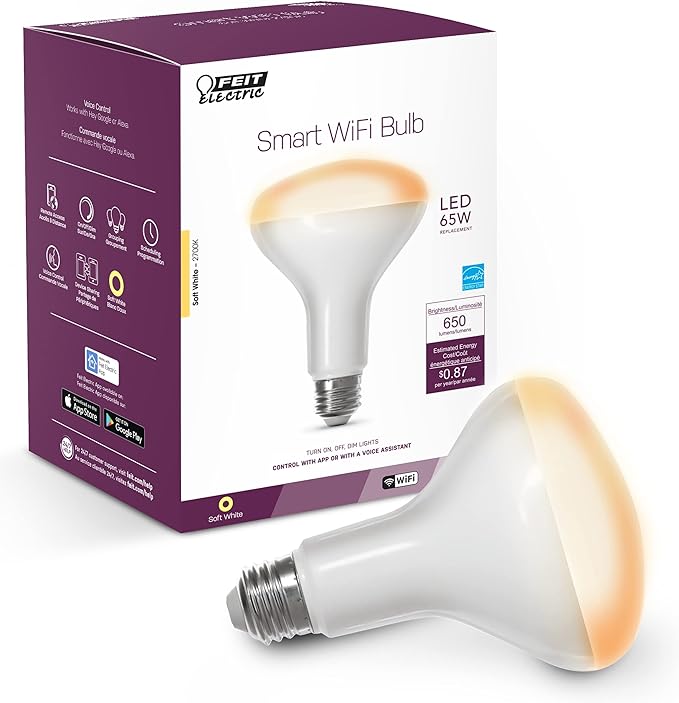 Feit Electric BR30/927CA/AG 65W Equivalent WiFi Dimmable, No Hub Required, Alexa Google Assistant BR30 Smart LED Light Bulb, 5" H x 3.72" D, 2700K Soft White FeitElectricCompany