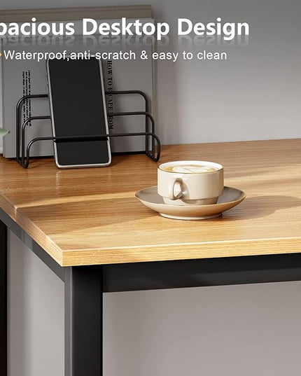 Need 55 Inch Large Computer Desk - Modern Simple Style Home Office Gaming Desk, Basic Writing Table for Study Student, Black Metal Frame, Teak - LeafyLoom