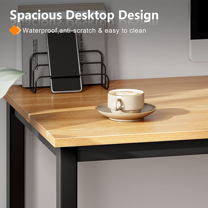 Need 55 Inch Large Computer Desk - Modern Simple Style Home Office Gaming Desk, Basic Writing Table for Study Student, Black Metal Frame, Teak - LeafyLoom