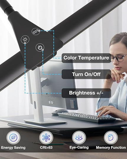 LED Desk Lamp for Home Office,Bright Double Head Desk Lamp with Clamp,Dimmable 5 Color Modes Desk Lighting,12W Eye-Caring Architect Table Lamp for Workbench,Monitor,Reading,Study,1400lm - LeafyLoom