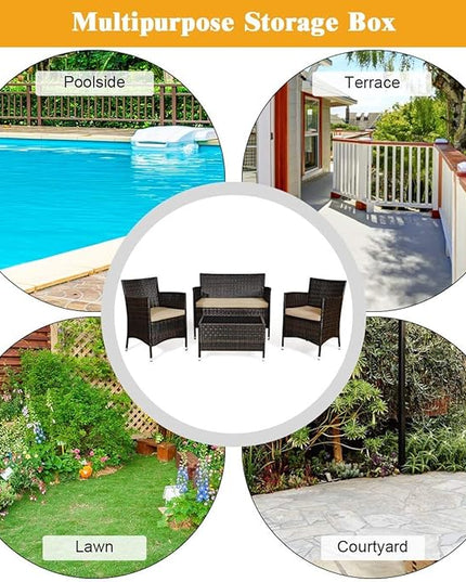 LUARANE 4-Piece Rattan Patio Furniture Set, Outdoor Wicker Sofa Couch Table Set, w/Thick Seat Cushions Tempered Glass Coffee Table, Conversation Set for Lawn Garden Poolside Backyard (Brown) - LeafyLoom