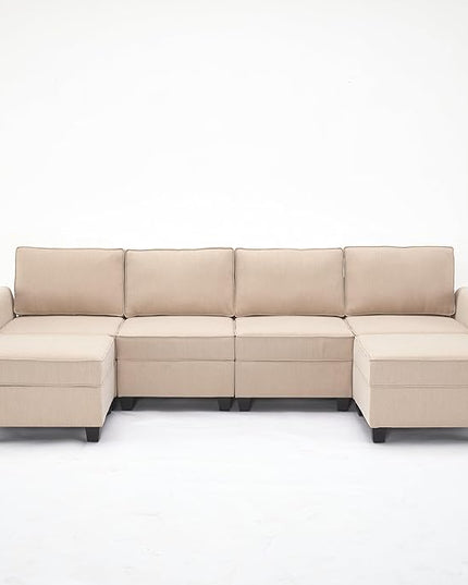 Modern Chenille Fabric U-Shaped 6 Seat Sectional Sleeper Couch with Reversible Chaise Modular Sofa with Storage, Large, Beige - LeafyLoom