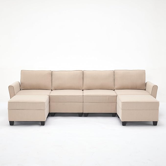 Modern Chenille Fabric U-Shaped 6 Seat Sectional Sleeper Couch with Reversible Chaise Modular Sofa with Storage, Large, Beige - LeafyLoom