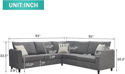 91" Modern Upholstered Living Room Sectional Sofa,with 3 Pillows,L Shape Wood Frame Furniture Couch,w/Track Armrests,Cushions and Legs,for Dorm, Apartment,Studio,Office,Grey - LeafyLoom