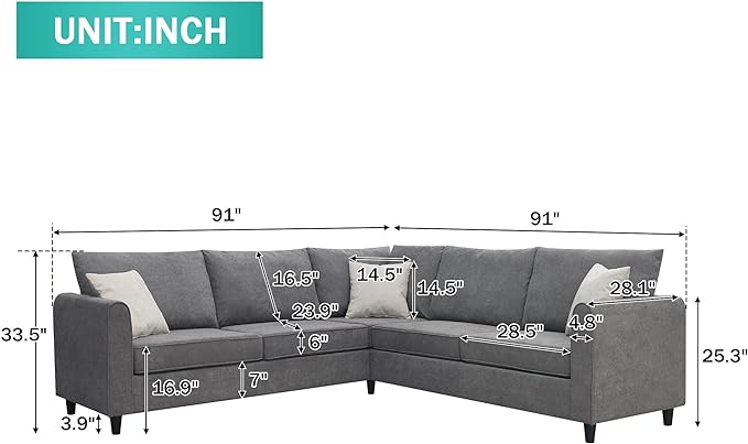 91" Modern Upholstered Living Room Sectional Sofa,with 3 Pillows,L Shape Wood Frame Furniture Couch,w/Track Armrests,Cushions and Legs,for Dorm, Apartment,Studio,Office,Grey - LeafyLoom