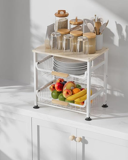 3-Layer Kitchen Fruit Storage Basket Snack Rack, countertop Storage Rack, Stackable Storage Rack with Desktop, Pull-Out Hollow Metal Storage Basket with Handle, Kitchen Organizers & Storage - LeafyLoom