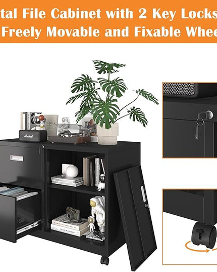 Metal File Cabinet Printer Stand with 2 lockable full extension drawers and 1 lockable door, adjustable shelf, for Home office and Study room Organizer Letters/Legal/A4,BLACK - LeafyLoom