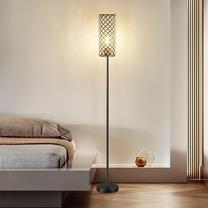 Acaxin Crystal Floor Lamp for Bedroom Black, Living Room Floor Lamps with Bulb, Modern Tall Lamp for Bedroom, Glam Standing Light for Girls Bedroom, Minimalism Pole Corner Lamp for Office, Dorm Hotel - LeafyLoom