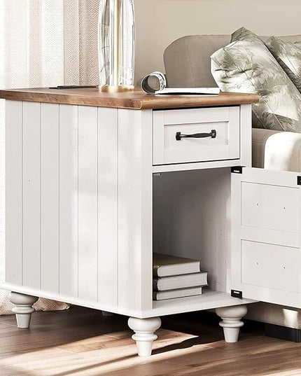 WAMPAT End Table with Charging Station, White Side Table with Storage Cabinet and Drawer, Wood Nightstand with Power Outlets & USB Ports for Bedroom, Living Room - LeafyLoom