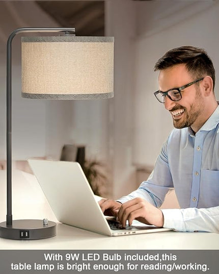 Gray Bedside Lamp with Dual USB Charging Ports, Fully Dimmable Modern Nightstand Lamp with Grey Fabric Shade, Tall Reading Lamp Desk Lamp for Bedroom Living Room Office with 3000K LED Bulb - LeafyLoom