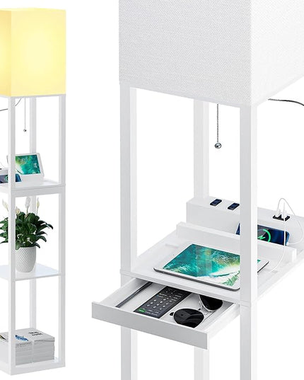 SUNMORY Dimmable Floor Lamp with Shelves,Modern Solid Wood Standing Lamp with 1 Drawer and 2 USB Ports & 2 Power Outlet,Corner Tall Bookshelf Lamp for Living Room and Bedroom(White) - LeafyLoom