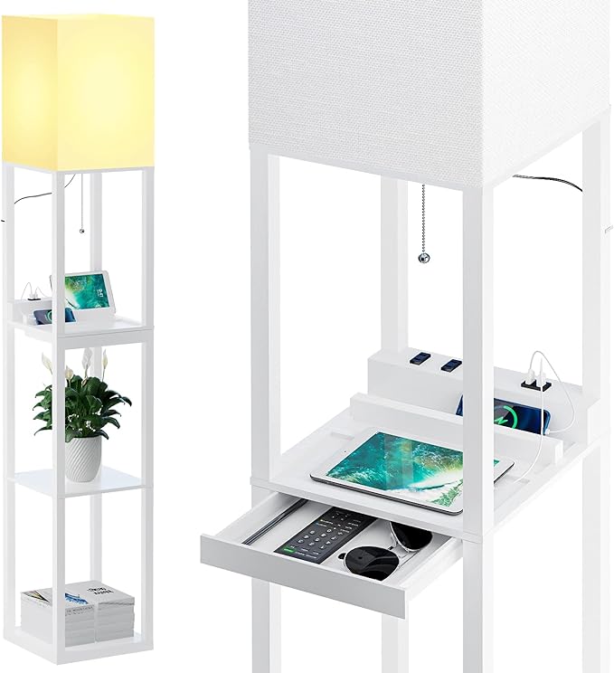SUNMORY Dimmable Floor Lamp with Shelves,Modern Solid Wood Standing Lamp with 1 Drawer and 2 USB Ports & 2 Power Outlet,Corner Tall Bookshelf Lamp for Living Room and Bedroom(White) - LeafyLoom