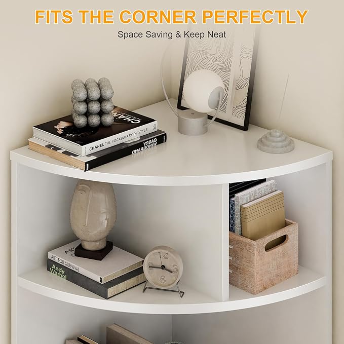 Corner Shelf 6-Tier Corner Bookcase with Drawer, Tall Corner Bookshelf Freestanding White Corner Cabinet Corner Shelves Stand for Wall Corner, Living Room, Home Office, Bedroom, Display Shelf - LeafyLoom