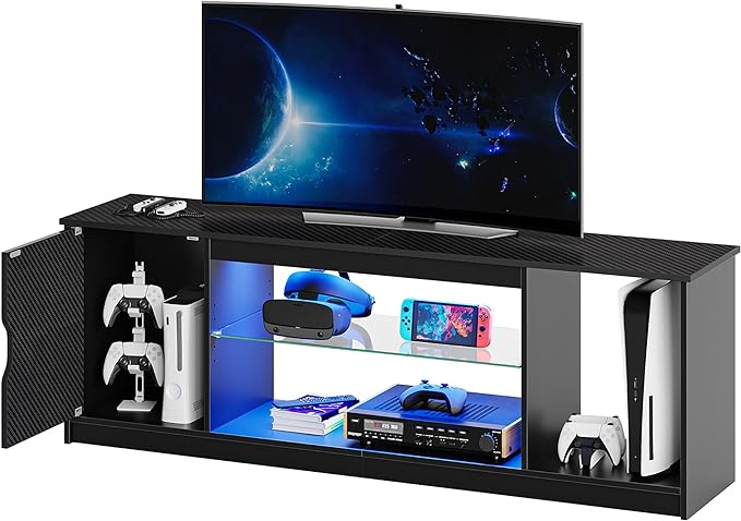Bestier Led Entertainment Center for PS5, Gaming TV Stand with Cabinet for 60/65 Inch TV, Modern TV Console with Adjustable Glass Shelf for Living Room Easy Assembly Carbon Fiber Black - LeafyLoom