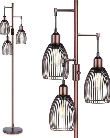 Dimmable Floor Lamp, 3 x 800LM LED Edison Bulbs Included, Farmhouse Industrial Floor Lamp Standing Lamp with Elegant Teardrop Cage Head Tall Lamp for Living Room Bedroom Office Dining Room - Brown - LeafyLoom