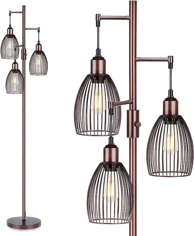 Dimmable Floor Lamp, 3 x 800LM LED Edison Bulbs Included, Farmhouse Industrial Floor Lamp Standing Lamp with Elegant Teardrop Cage Head Tall Lamp for Living Room Bedroom Office Dining Room - Brown - LeafyLoom
