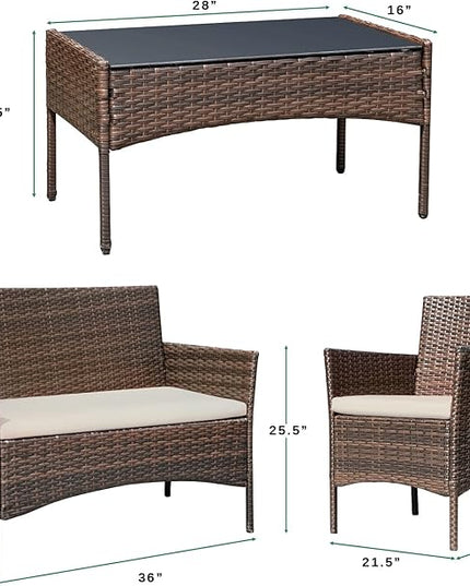 Greesum Patio Furniture 4 Pieces Conversation Sets Outdoor Wicker Rattan Chairs Garden Backyard Balcony Porch Poolside loveseat with Soft Cushion and Glass Table, Brown and Beige - LeafyLoom