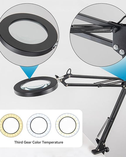 Magnifying Glass with Light and Stand, Stepless Dimming, 3 Color Modes, 10X Magnification, 4.1 Diameter Glass Lens, with Replaceable Weighted Flat Base, C-Clamp Base and Power Adapter - LeafyLoom