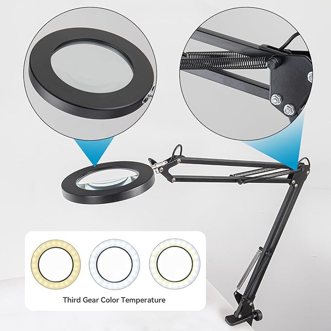 Magnifying Glass with Light and Stand, Stepless Dimming, 3 Color Modes, 10X Magnification, 4.1 Diameter Glass Lens, with Replaceable Weighted Flat Base, C-Clamp Base and Power Adapter - LeafyLoom