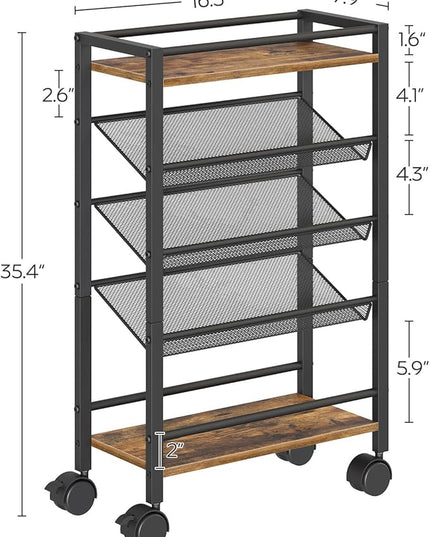 5 Tier Bookshelf, Metal Small Industrial Bookcase, Mobile Book Shelf Paper Cart with Wheels, Book Case Display Storage Shelf Organizer for Living Room, Home Office, Rustic Brown SJ01BR - LeafyLoom