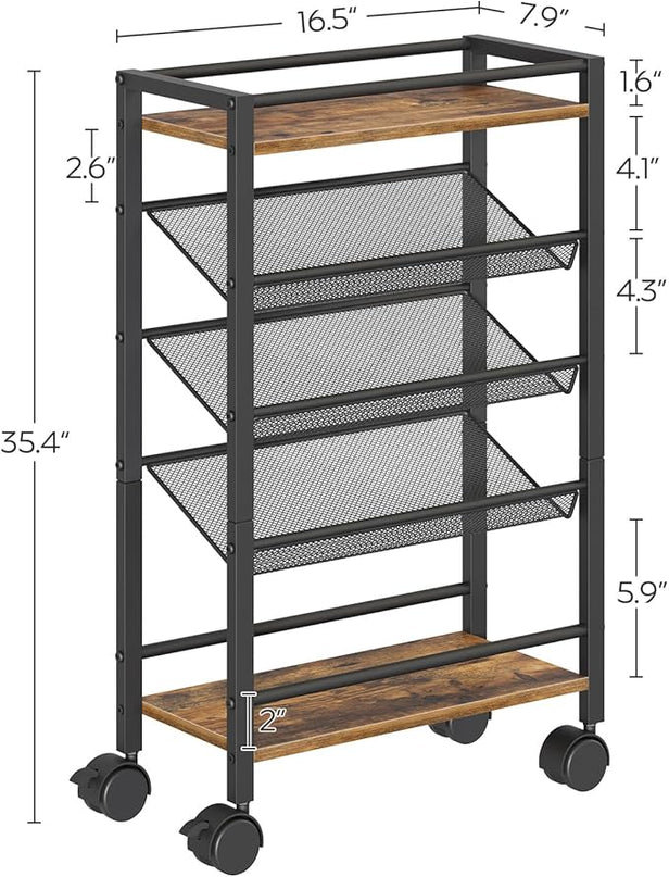 5 Tier Bookshelf, Metal Small Industrial Bookcase, Mobile Book Shelf Paper Cart with Wheels, Book Case Display Storage Shelf Organizer for Living Room, Home Office, Rustic Brown SJ01BR - LeafyLoom
