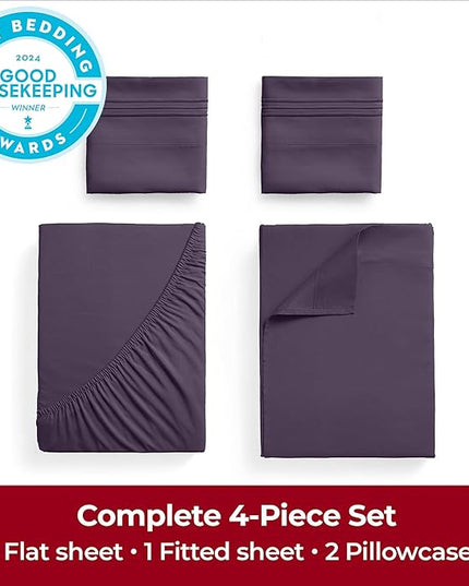 Mellanni Extra Deep California King Sheets - 4 PC Iconic Collection Bedding Sheets & Pillowcases - Hotel Luxury, Ultra Soft, Cooling Bed Sheets - Extra Deep Pocket up to 21 inch (Cal King, Purple) - LeafyLoom