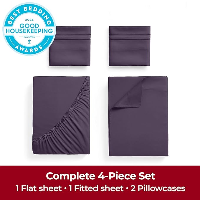 Mellanni Extra Deep California King Sheets - 4 PC Iconic Collection Bedding Sheets & Pillowcases - Hotel Luxury, Ultra Soft, Cooling Bed Sheets - Extra Deep Pocket up to 21 inch (Cal King, Purple) - LeafyLoom