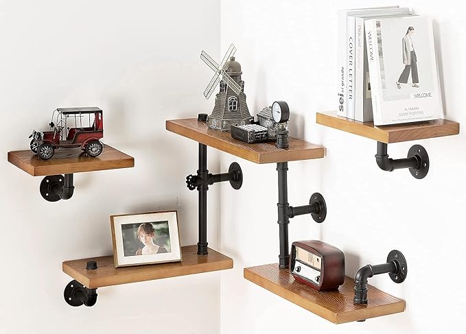 Industrial Rustic Modern Wood Ladder Pipe Wall Mounted Floating Shelves - Set of 3 Bookshelf,DIY Storage Shelving,Hung Bracket,Bookcase (Set of 3 Ladder Shelves) - LeafyLoom