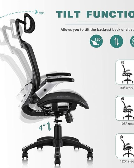 GABRYLLY Ergonomic Mesh Office Chair, High Back Desk Chair - Adjustable Headrest with Flip-Up Arms, Tilt Function, Lumbar Support and PU Wheels, Swivel Computer Task Chair - LeafyLoom