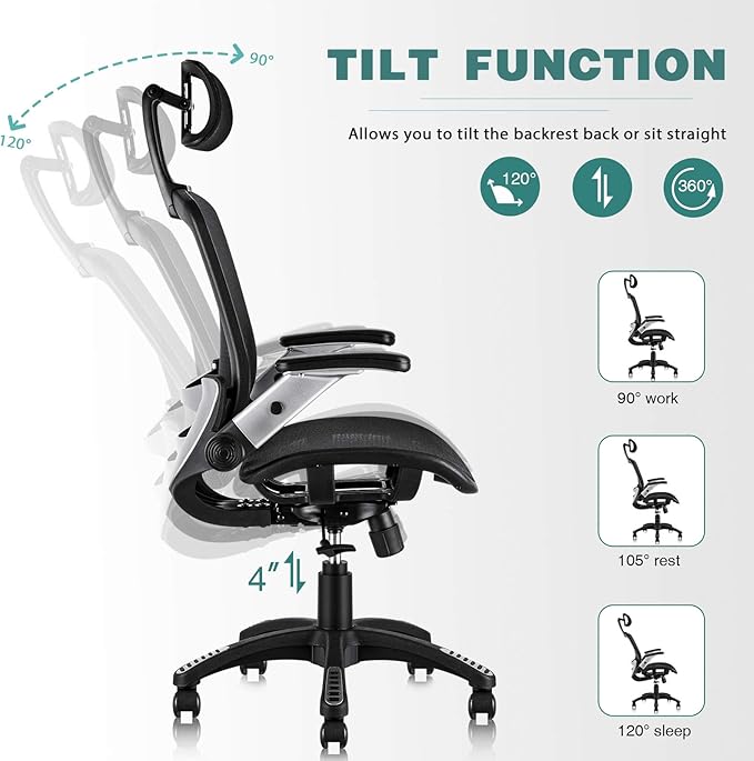 GABRYLLY Ergonomic Mesh Office Chair, High Back Desk Chair - Adjustable Headrest with Flip-Up Arms, Tilt Function, Lumbar Support and PU Wheels, Swivel Computer Task Chair - LeafyLoom