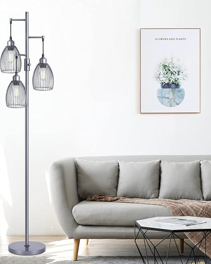 Nintiue Dimmable Floor Lamp, 3 x 800LM LED Edison Bulbs Included, Industrial Floor Lamp Standing Tree Lamp with Elegant Teardrop Cage Heads Tall Lamps for Living Room Bedroom-Grey - LeafyLoom
