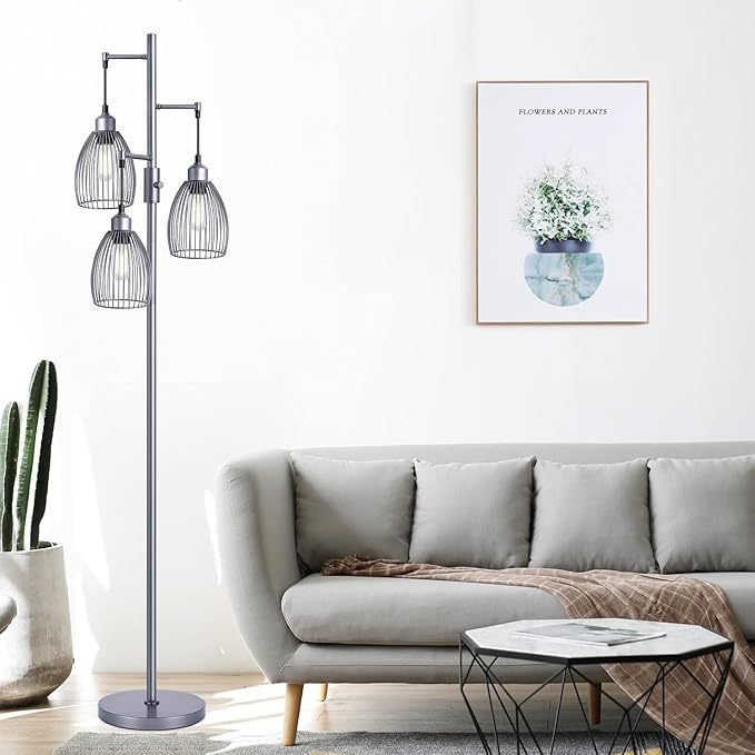 Nintiue Dimmable Floor Lamp, 3 x 800LM LED Edison Bulbs Included, Industrial Floor Lamp Standing Tree Lamp with Elegant Teardrop Cage Heads Tall Lamps for Living Room Bedroom-Grey - LeafyLoom