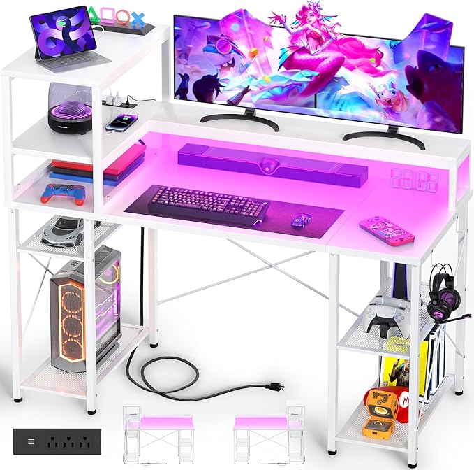 Cyclysio 55 inch Gaming Desk with LED Light, Adjustable Computer Desk with Storage Shelves, Home Office Desk with Power Outlets, Computer Gaming Desk with Long Monitor Stand for Small Space, White - LeafyLoom