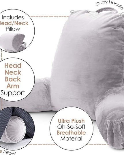 Clara Clark Reading Pillow, Large Back Pillow for Sitting Up in Bed, Memory Foam Back Support Pillow, Reading Pillows for Sitting in Bed Adult Grey Lavender Sit Up Pillow for Bed with Arms and Pockets - LeafyLoom