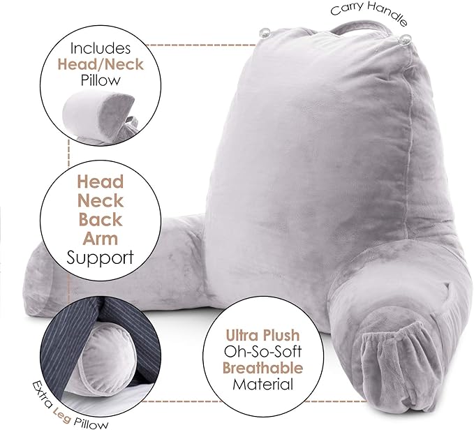 Clara Clark Reading Pillow, Large Back Pillow for Sitting Up in Bed, Memory Foam Back Support Pillow, Reading Pillows for Sitting in Bed Adult Grey Lavender Sit Up Pillow for Bed with Arms and Pockets - LeafyLoom