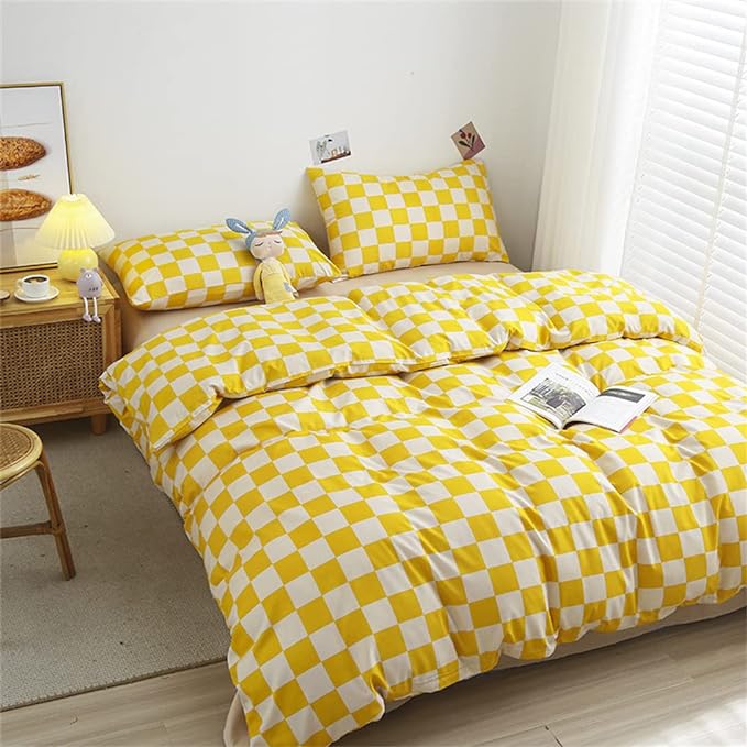 Wellboo Yellow and White Comforter Sets Full Women Men Bright Yellow Checkerboard Grid Bedding Comforters Cotton Boys Girls Modern Light Yellow Checkered Geometric Quilts Luxury Elegant Yellow Bed - LeafyLoom