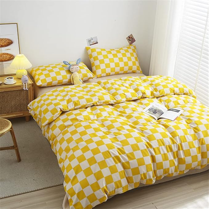 Wellboo Yellow and White Comforter Sets King Women Men Bright Yellow Checkerboard Grid Bedding Comforters Cotton Boys Girls Modern Light Yellow Checkered Geometric Quilts Luxury Elegant Yellow Bed - LeafyLoom