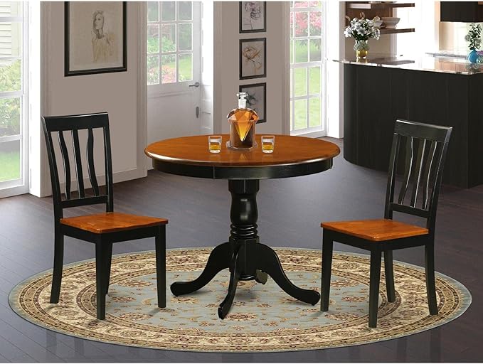 East West Furniture ANTI3-BLK-W Antique 3 Piece Kitchen Set Contains a Round Dining Room Table with Pedestal and 2 Solid Wood Seat Chairs, 36x36 Inch - LeafyLoom